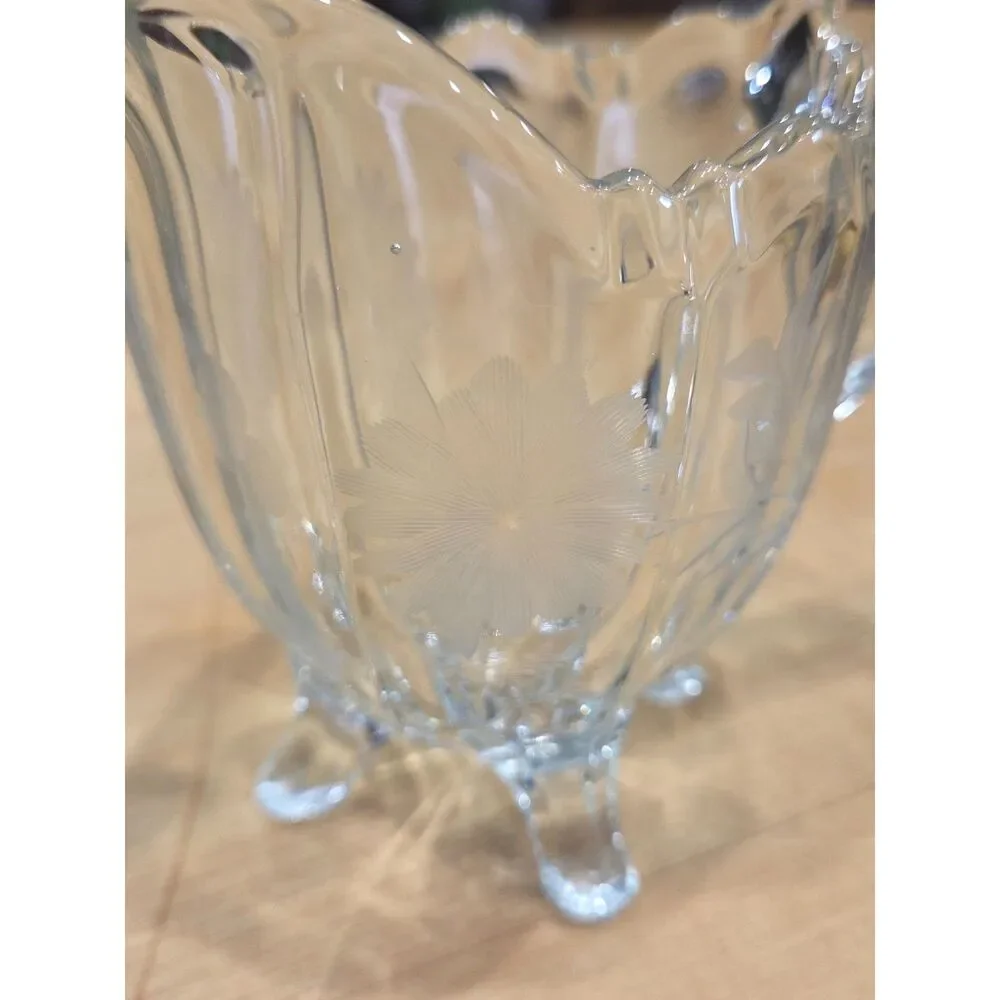 Vintage Clear Glass Etched Floral Creamer and Sugar Bowl Set Four Footed 2 Pcs
